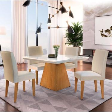 Imagem de Conjunto de Mesa de Jantar Luna com 4 Cadeiras Estofadas Grécia Veludo Creme e Imbuia