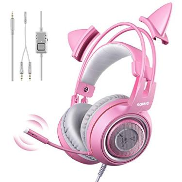 Imagem de SOMIC G951s Fone de ouvido estéreo rosa para jogos com microfone para PS4, Xbox, PC, celular, redução de ruído de 3,5 mm, fones de ouvido de gato, fones de ouvido leves sobre a orelha para meninas