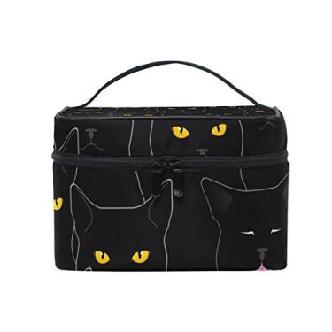 Imagem de Senya Bolsa de maquiagem para viagem com zíper preto estampa de gatos, bolsa de cosméticos, bolsa de higiene pessoal bolsa de trens, bolsa de armazenamento portátil multifuncional para mulheres e meninas