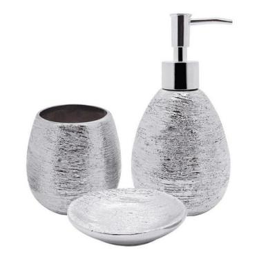 Imagem de Conjunto De Banheiro De Cerâmica Prata Saboneteira Escova - Mimo Style