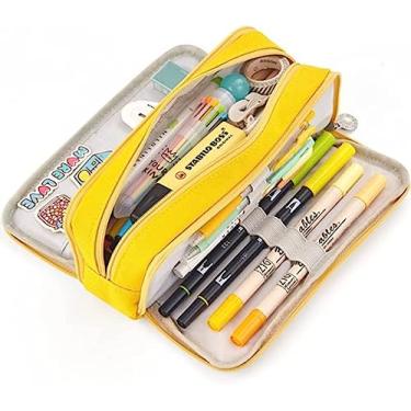 Imagem de Estojo de lápis grande Bolsa de armazenamento de grande capacidade 3 compartimentos Bolsa de lápis de lona para meninos adolescentes meninas Office School Student (amarelo)