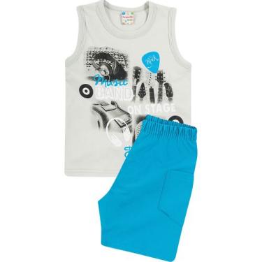 Imagem de Conjunto Bebê Brandili Camiseta Regata e Bermuda - Em Meia Malha e Sarja - Cinza e Azul