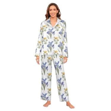 Imagem de KLL Pijama de seda azul crisântemo amarelo flor conjunto de pijama de seda macio e confortável para festa de casamento, festa do pijama longo, Flor amarela, crisântemo azul, P