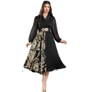 Imagem de Camisa Feminina Floral Print Contrast Mesh Lantern Sleeve Dress Without Belt (Color : Black, Size : CH)