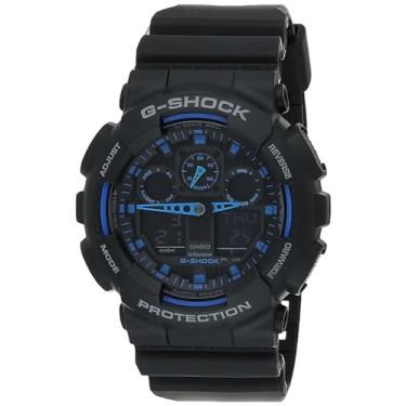 Imagem de Relógio masculino Casio G-Shock GA100-1A2 Ana-Digi com indicador de velocidade e mostrador preto, Preto/azul, Digital