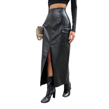 Imagem de SOLY HUX Saia cargo feminina de couro PU, cintura alta, fenda na coxa, bolso com aba, saias, longas, Preto puro, 4X-Large