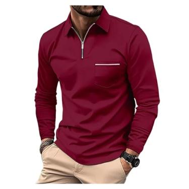 Imagem de Camisa polo masculina, bolso frontal com aba frontal, meio zíper, gola lisa, pulôver, Vinho tinto, XXG