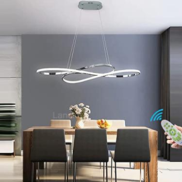 Imagem de Luminária pendente LED cromada luminária suspensa para mesa de jantar Lustre LED regulável com controle remoto 36W Iluminação para sala de estar Moderna com altura ajustável para escritório,