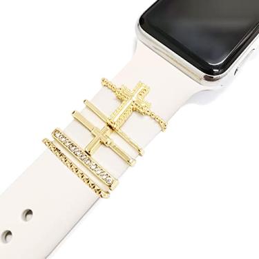 Imagem de 5 pçs amuletos para pulseira de relógio Apple 41 mm 45 mm 40 mm 44 mm feminino, diamante + metal joias anéis decorativos para iWatch série 7 6 5 4 3 se, Galaxy watch 4/clássico, pulseira de couro/silicone acessórios de charme