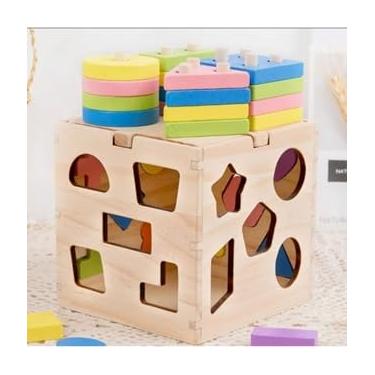 Imagem de Cubo sensorial Montessori de aprendizagem formas geométricas colorido brinquedo educativo de encaixe