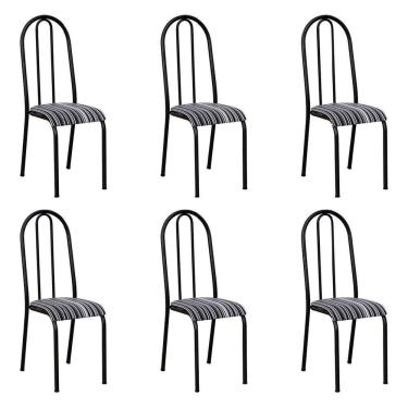 Imagem de Kit 6 Cadeiras De Cozinha Flórida Estampado Preto Listrado Pés De Ferro Preto