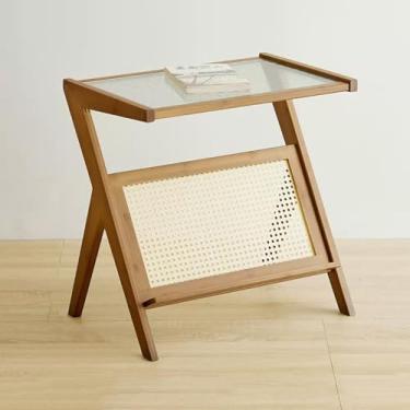 Imagem de Mesa lateral de vime, mesa de canto de bambu com suporte de revista, mesa lateral de sofá com tampo de vidro, mesa de centro boho em forma de Z para quarto, sala de estar, espaço pequeno