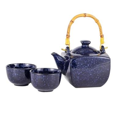 Imagem de Conjunto de chá de porcelana de 3 peças, estilo japonês, bule de chá de 887 ml com 2 xícaras de chá com coador e alça superior, utensílios de chá esmaltados reativos (azul marinho)