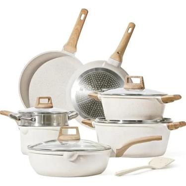 Imagem de Conjunto de 21 peças de panelas e frigideiras, conjuntos de panelas antiaderentes, conjunto de panelas de indução de granito branco antiaderente com frigideiras, 12 peças, uma