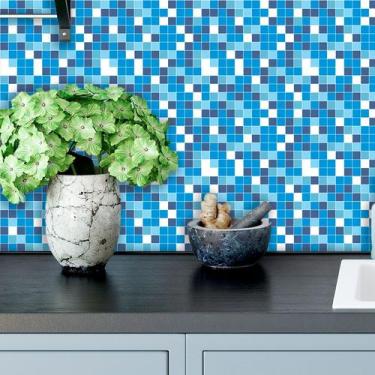 Imagem de Papel de Parede Adesivo Pastilha Azul Mesclado Banheiro Cozinha Laváve