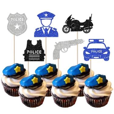 Imagem de Pacote com 24 topos de cupcake polícia glitter policial policial picaretas de cupcake carro polícia emblema decorações de bolo para tema policial crianças suprimentos de festa de aniversário preto