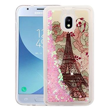 Imagem de AMZER Capa protetora híbrida com glitter de areia movediça à prova de choque de TPU para Samsung Galaxy J3/Galaxy J3 V SM-J337V (2018), corações rosa