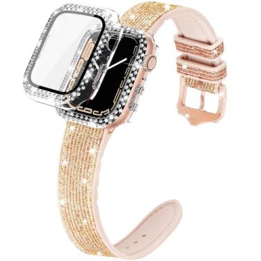 Imagem de G-ficu Pulseira de silicone brilhante compatível com Apple Watch Series 7 + capa de 41 mm, pulseira feminina de couro com glitter brilhante e mutável (ouro rosa)