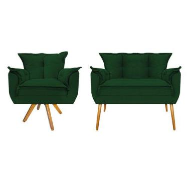 Imagem de Kit Namoradeira e Poltrona Opala Base Giratória de Madeira Suede Verde