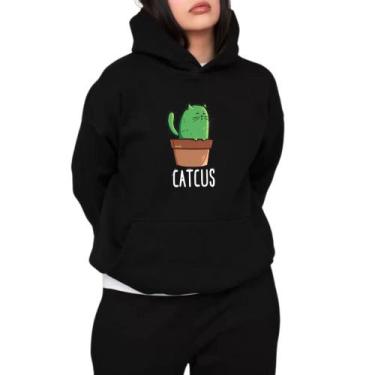 Imagem de Moletom Feminino Flanelado Com Capuz e Bolsos Estampado Catcus Look Te