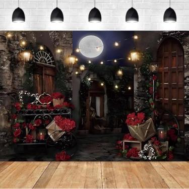 Imagem de Cenário romântico vintage de beco para o dia dos namorados, dia das mães, cenário fotográfico, cidade, noite, casa de pedra rosa vermelha, para bebês, adultos, férias, viagem, festa, fundo (2,1 x 1,5
