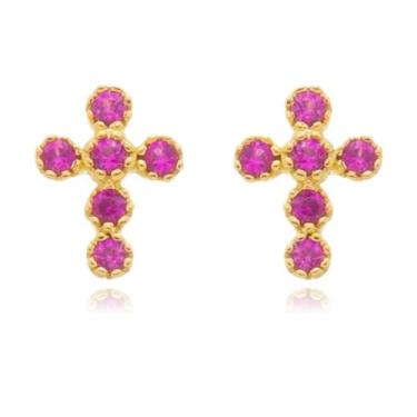 Imagem de Brinco Pequeno Pedra Rosa Formato de Cruz Banho de Ouro 18k - Enzara J