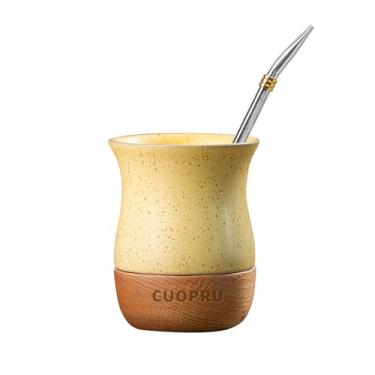 Imagem de Copo de erva mate de cerâmica de 227 g com base de madeira original, inclui cabaça mate, canudo Bombilla e escova de limpeza - perfeita para erva mate tradicional e caneca de bebida de estilo moderno