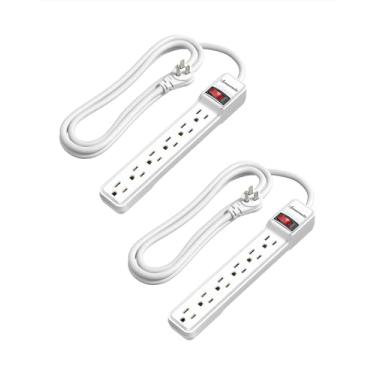Imagem de DEWENWILS Pacote com 2 unidades de proteção contra surtos com 6 saídas com cabo de extensão de 6 pés, plugue plano de baixo perfil, disjuntor de 15 amp, 500 joules, montagem em parede, branco, listado pela UL