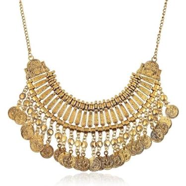 Imagem de Colar vintage gravado para mulheres e homens, ouro antigo, prata, boêmio, exagerado, curto, grosso, boho, gargantilha, étnico, cigano, tribal, babador, clavícula, colares, fantasia de Dia das Bruxas,