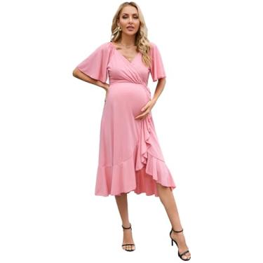 Imagem de FUNJULY Vestido feminino para gestantes, gola V, manga bufante, plissado, para chá de bebê ou uso casual, Rosa 2v, XXG