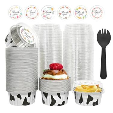 Imagem de 100 peças de copos de alumínio para assar com tampas, forros de cupcake de 142 g com tampas, mini recipientes de bolo de ramequins descartáveis, forros de estanho para festa de casamento e Natal