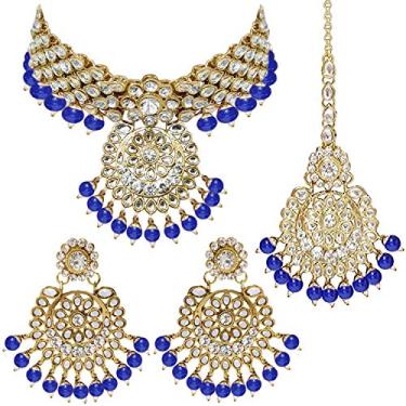 Imagem de Aheli Elegante vestido de festa de casamento Kundan falso cravejado curto colar brincos com Maang Tikka conjunto étnico indiano Bollywood joia moderna para mulheres