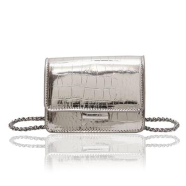 Imagem de GRUMOTA Bolsa tiracolo pequena para mulheres, Y2K linda bolsa de mão metálica crocodilo em relevo com alça de corrente, Mini prata, 5.11 x 3.93 x 3.54 inches