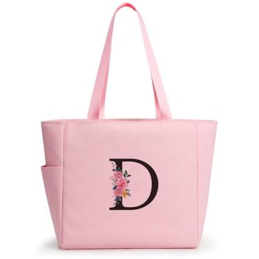 Imagem de KALIDI Sacola de praia personalizada, bolsa de compras com zíper inicial do alfabeto para mãe, professora, amiga, casamento, compras diárias, Rosa - D, Large