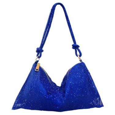 Imagem de iSamzan Bolsa de mão feminina com strass prata para noite, brilhante, dourada, bolsa formal com glitter para formatura, festa de casamento, AJ - azul