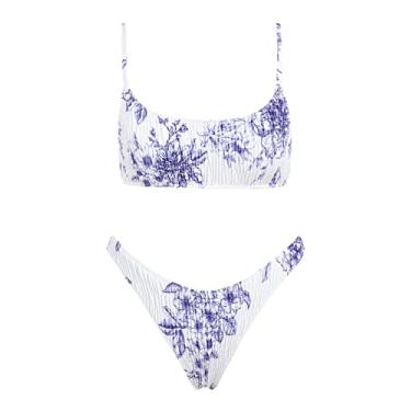 Imagem de VOLAFA Biquíni Triângulo Feminino Smocked Texturizado Gola Redonda Estampa Franzido Traje de Banho Elástico Duas Peças, Roxo 1, 8