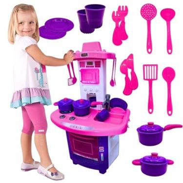 Imagem de Kit Cozinha rosa infantil faz de conta brinquedos para meninas fogão de brinquedo panelinhas panela talheres conjunto completo presente menina 4 anos