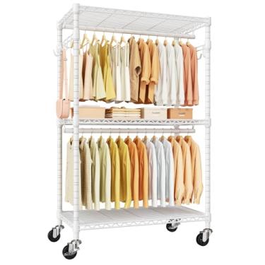 Imagem de ULIFHOME P1 Suporte de roupas com rodinhas com rodas trancáveis, guarda-roupa resistente para pendurar roupas, armazenamento e organizador portátil de roupas, 90 cm L x 40 cm P x 204 cm A, comporta
