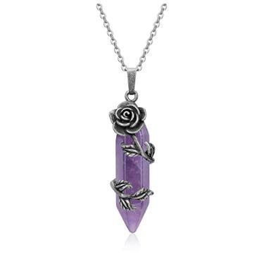 Imagem de PESOENTH Colar de ametista, colar de cristal de pedra preciosa para mulheres, pedra curativa, cristal roxo, hexagonal, pingente pontiagudo, joia de ametista, presentes para mulheres, Pedra, Ametista