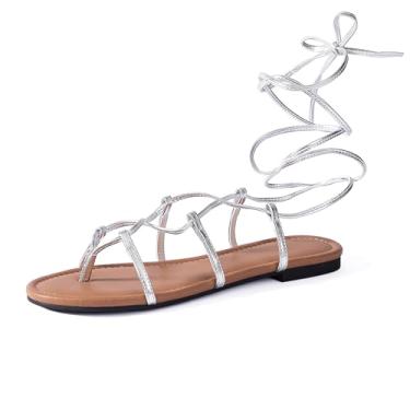 Imagem de Sandália feminina gladiadora elegante verão tiras romanas femininas com cadarço de couro liso tira no tornozelo fofa confortável casual, Prata, 40