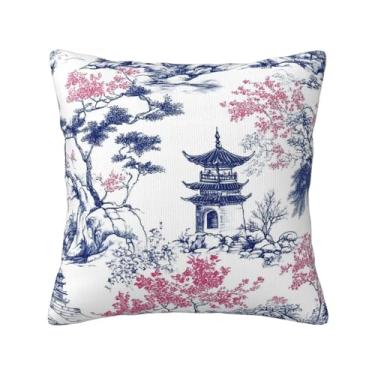 Imagem de GODARM Chinoiserie Capa de almofada decorativa rosa azul flor de cerejeira e pagodes 45,7 x 45,7 cm para sala de estar, quarto, sofá-cama, cadeira decoração de casa