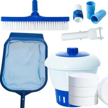 Imagem de Kit Manutenção de Piscinas 1 Kg Cloro + Clorador + Peneira Grande + Escova + Cabinho + Adaptadores
