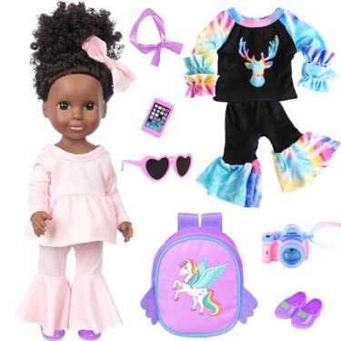 Imagem de iBayda Boneca bebé de silicone realista lavável afro-americana de 14,5 polegadas com 2 conjuntos de roupas, sapatos, mochila, óculos de câmara e acessórios de brinquedos para telefone