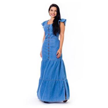 Imagem de Vestido Jeans Longo Com Babados  - Restrito Jeans, 36, Azul médio