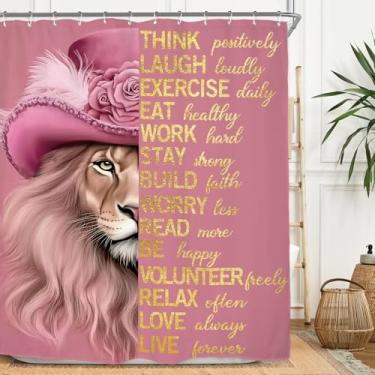 Imagem de Miyotaa Conjunto de cortina de chuveiro com citações motivacionais de leão rosa 152 cm L x 188 cm A, moda, inspiradora, vida selvagem, animal, fresco, poliéster, impermeável, cortina de banheiro com