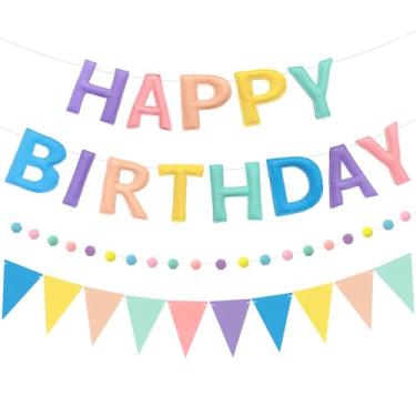 Imagem de Faixa de feltro de feliz aniversário com guirlanda de bola de feltro bandeiras bandeiras macarons