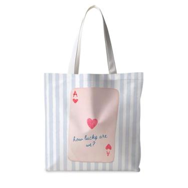 Imagem de ignytiger How Lucky Are We Preppy Tote Bag, Ace of Hearts Poker Canvas Tote Bags para mulheres, presentes femininos preppy para mulheres, cartas de baralho listradas azuis, estética, reutilizáveis