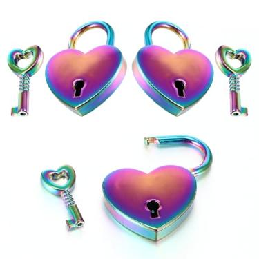Imagem de 3 peças pequenas fechaduras em forma de coração com chave, Mabor mini cadeado de coração de metal colorido personalizado para diário, caixa de joias, armazenamento/mala/decoração de bagagem