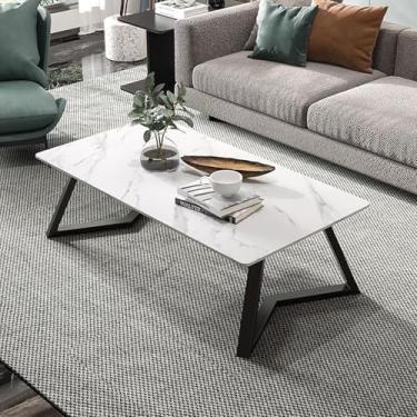 Imagem de Lzyjckh Mesas de Centro Modernas para Sala de Estar, Mesa de Centro Retangular Simples com Tampo de Ardósia e Estrutura Geométrica de Metal para Quarto e Escritório em Casa,White,39.4×19.7×17.7 inch