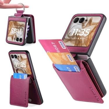 Imagem de Capa carteira compatível com Motorola Razr 2025 com porta-cartão, capa protetora de couro PU de luxo mulher homem suporte cobertura total bolso anel capa para Moto Razr 60 rosa choque